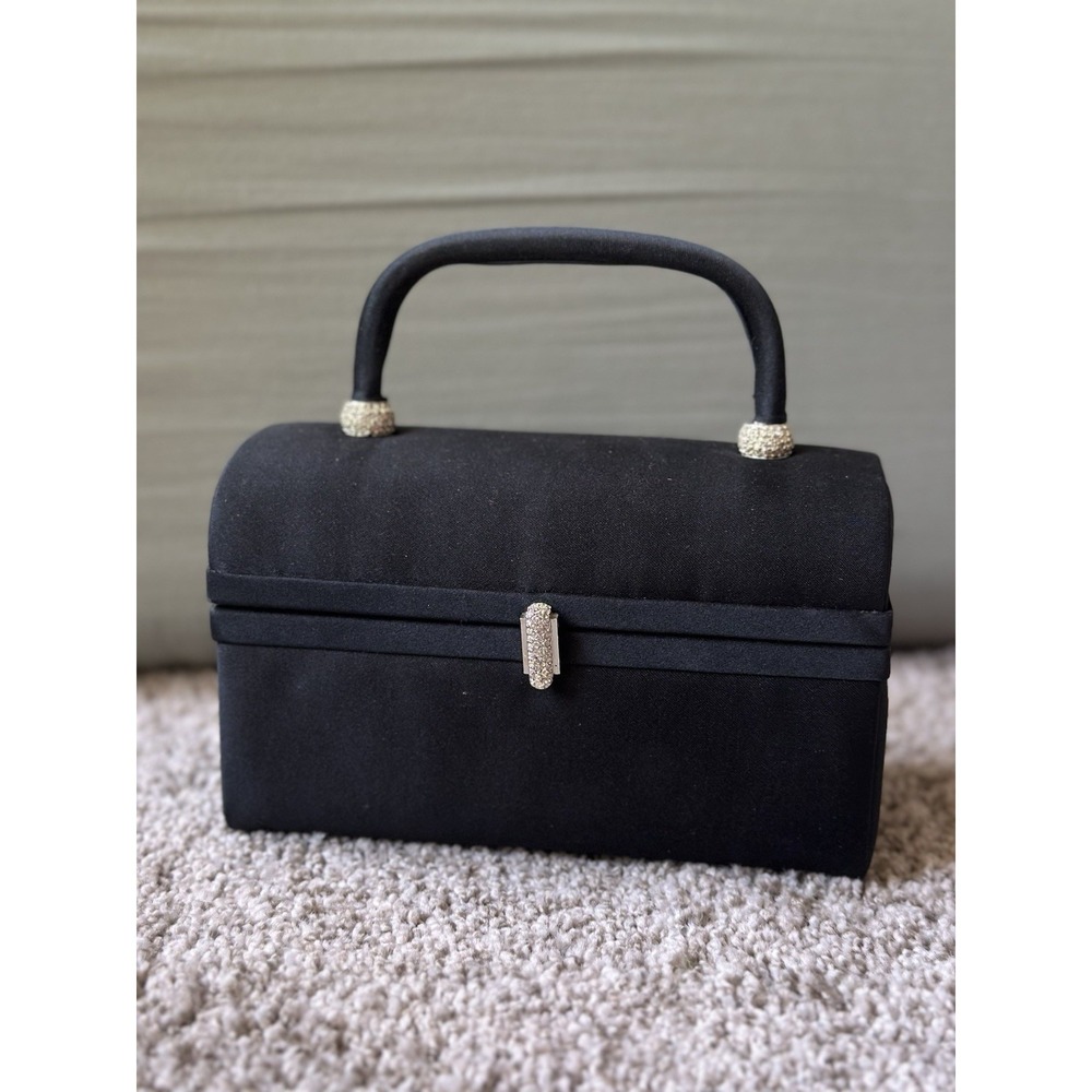 Excellent Vintage Saks Fifth Avenue Mid-Century Black Satin Rhinestone Box Bag